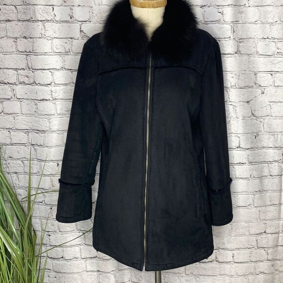 Wilson's Leather Faux Suede Real Fox Fur Removable Collar Zip-Up Jacket Coat Bla - Picture 1 of 15